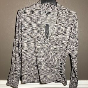 Apt 9 Black and Gray Patterned Wrap Knit Top W/ Button Detail